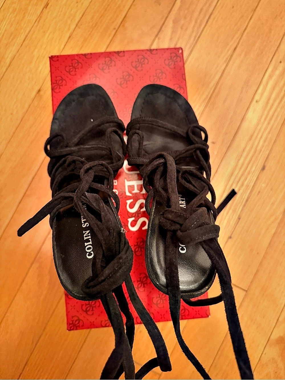 Stylish Pre-Owned Strappy Black Suede Heeled Sandals